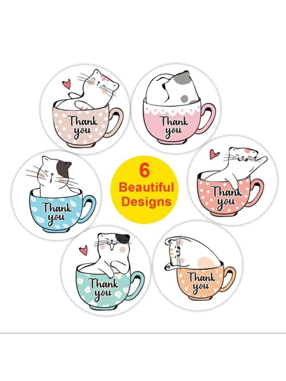 500 1” Stickers, Kitty in Teacup, 1 inch , Thank You, Roll, PRICE IS FIRM - Picture 2 of 3
